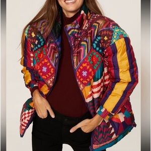 NWT Farm Rio Red Abstract Patches Reversible Puffer Jacket Colorful Crochet M